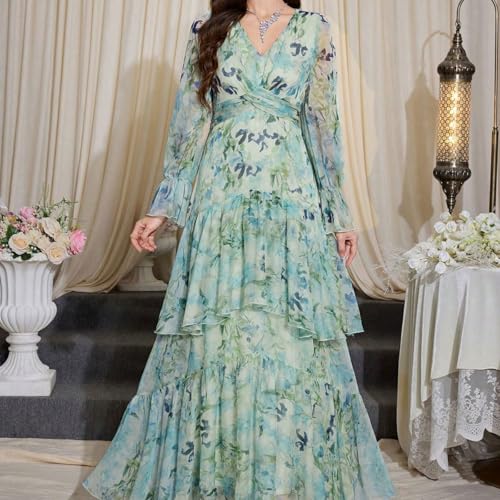 Image of TOLEEN Summer Casual Dresses for Women 2024 Spring Fashion Boho V Neck Long Sleeve Ruffle Floral Print Elegant Maxi Dress