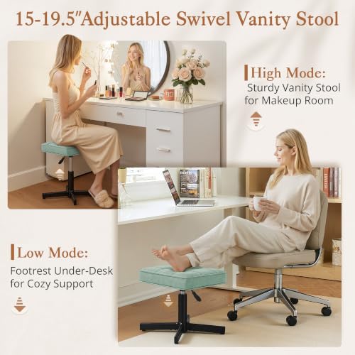 Image of LUE BONA Adjustable Vanity Stool, 15''-19.5'' Foot Rest Under Desk, 360 Swivel Vanity Chair for Makeup Room, Green Upholstered Faux Leather Ottoman for Bathroom & Living Room, 300lbs