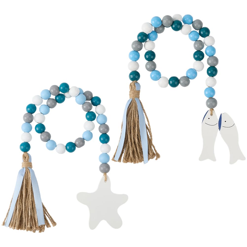 CRASPIRE 2Pcs Blue Wooden Bead Garland Rustic Strand Wood Beads Summer Sea Ocean Starfish Farmhouse Bead Hanging Pendant Ornament with Jute Rope Tassel for Tiered Tray Wall Party Home Room Decoration