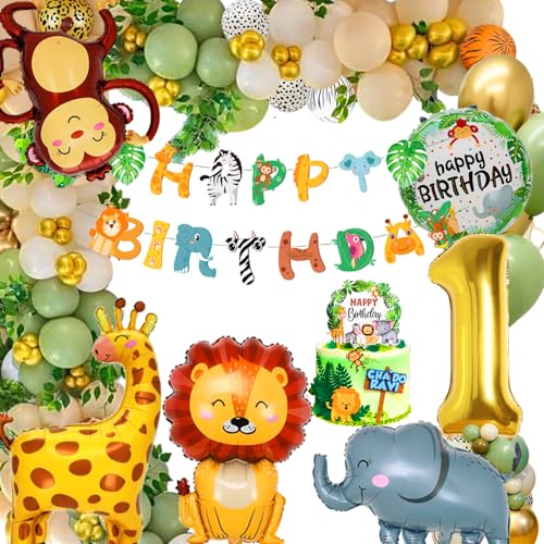 Decoração de primeiro aniversário: selva e safari com balões e animais da floresta para meninos e meninas
