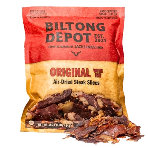 Biltong Depot Original Beef Biltong Slices with Fat – 1lb (16oz) | Air-Dried Beef Jerky Snack | High Protein | Zero Sugar | Keto & Paleo Friendly | Gluten Free | No Artificial Preservatives | No MSG