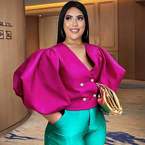 AOMEI Women's V Neck Top Button Down Big Lantern Sleeve Blouse2