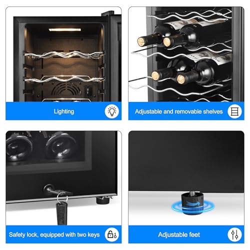 Wine Cooler Refrigerator 18 Bottles, Small Wine Fridge Mini Wine Fridge Countertop with Glass Door Wine Cellars for Red Wine, Champagne, Dry White Wine, Sparkling Wines