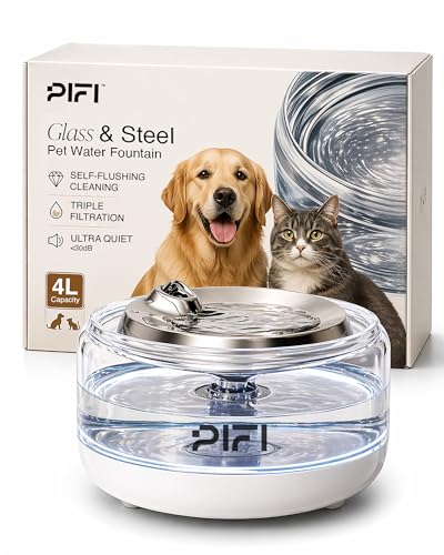 Glass Cat Water Fountain Stainless Steel Cat Fountain Easy to Clean Pet Water Dispenser for Cats Indoor & Dogs Triple Filtration LED Light Silent 135oz/4L