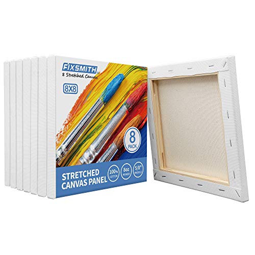 Image of FIXSMITH Stretched White Blank Canvas- 8x8 Inch,8 Pack,Primed,100% Cotton,5 /8 Inch Profile of Super Value Pack for Acrylics,Oils & Other Painting Media.