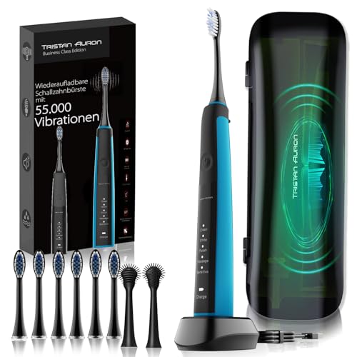 Tristan Auron Schallzahnbürste - 55.000 VPM - 5 Putzmodi - 60 Tage Akku, Reiseetui mit UV Reinigung, 6 Bürstenköpfe und 2 Zungenreiniger - elektrische Zahnbürste Sonic Master (blau)