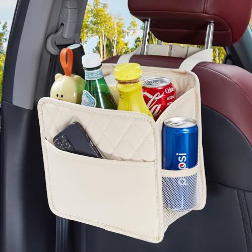 Image of LXUNYI Back Seat Car Organizer, Large Car Seat Organizer with Cup Holders Multifunctional Over the Car Seat Organizer Backseat Hanging Leather Car Seat Organizers and Storage Bags(Beige 1Pack)
