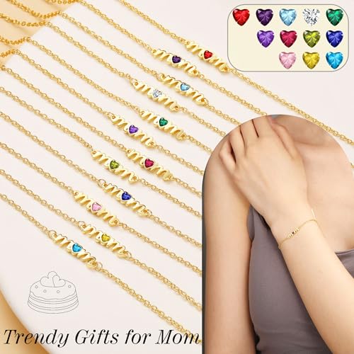 Birthday Gifts for Mom, Mom Birthday Gifts Birthstone Bracelets for Women Gold Dainty Bracelet Mom Christimas Gifts Socking Stuffers for Mom Happy Unique 30th 40th 50th 60th 70th 80th Mother Birthday Retirement Jewelry