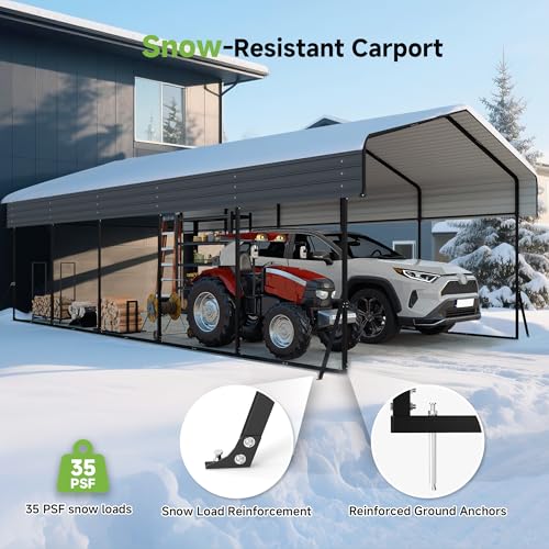 Image of Heavy Duty Metal Carport, 13x26FT Carport Canopy with Galvanized Steel Roof and Reinforced Frame, 2 Support Rods, Outdoor Garage Car Shelter Shade for Cars, Boats and Truck, Party, Gray