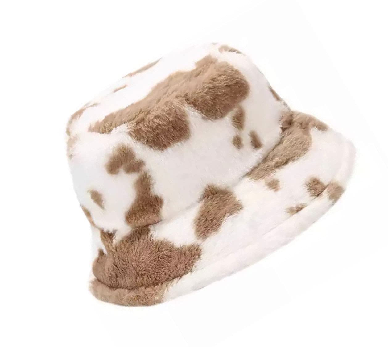Kgm Unisex Cow Print Beige Stylish New Soft Fleecy Faux Fur Bucket Hat - Festival Summer Winter Hats (Cow Print Beige)