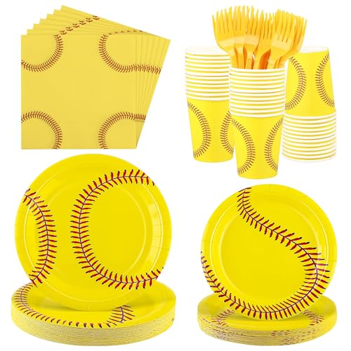 Kochorie 144 Pieces Softball Paper Plates and Napkins Sports Party Tableware Sets Including Disposable Paper Plates Napkins Cups Forks Serves 24 for Birthday Sports Softball Party Decorations