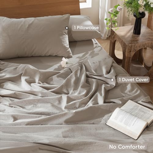 Image of MooMee Duvet Cover Set 100% Washed Cotton Linen Like Twin | Relaxed Linen-like Texture. Soft, Breathable & Long-lasting Comfort. Lightweight. Hidden Zipper with 8 Interior Corner Ties