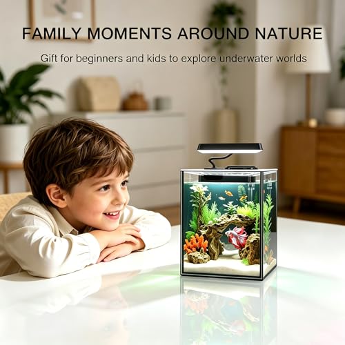 Image of Glass Betta Aquarium Starter Kits 1.5 Gallon Small Fish Tank, Betta Fish Tank with LED Light, Power Filter, Black. 4mm Glass