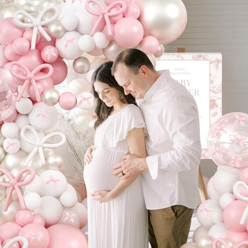 Image of Pink Bow Balloons Arch Garland Kit,JOGAMS 199Pcs Pink and White Balloon Arch Kit with 260 Clear Pearl Balloons Ribbon Bow for Bow Coquette Birthday Decorations Bachelor Baby Shower Bridal Shower