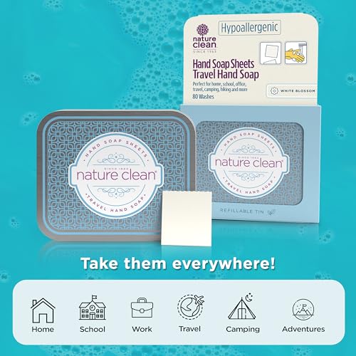 Image of Nature Clean travel hand soap sheets for traveling - non-toxic, hypoallergenic, mini biodegradable paper soap sheets for travel, dissolvable portable soap for camping essentials refill - 80 units