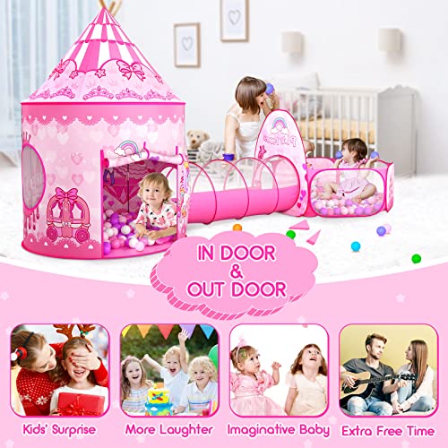Image of 3pc Kids Play Tent for Girls with Ball Pit, Crawl Tunnel, Princess Tents for Toddlers, Baby Space World Playhouse Toys (3PC Princess Dream Tent)