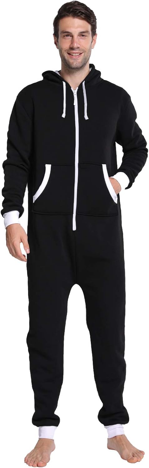 dressfan Unisex Pajamas Hooded Onesie Thermal Jumpsuit Black Zipper Non-Footed Women&Men - Image 3