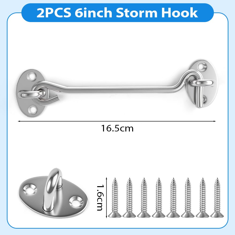 vsshe Hook and Eye Latch 2 Pack, 6 Inch Stainless Steel Door Hooks, with 8 Mounting Screws, Cabin Hook - Image 2