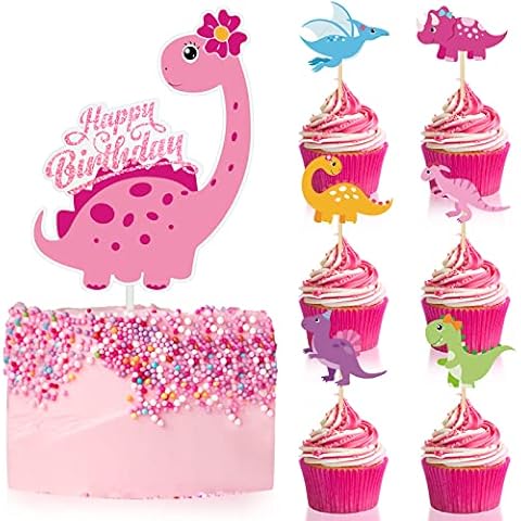 37 Pieces Pink Dinosaur Cake Toppers by Containlol Cover