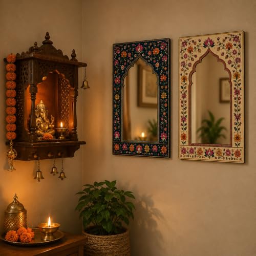 Image of American Elm Pack of 2 Jharokha Mirror Wall Decor for Home Decor Living Room Bedroom and Entryway Indian Floral Arch Acrylic Mirror Wall Hanging