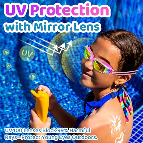 Vvinca Goggles for Kids 6-14 with Bungee Strap 2pc, Toddler Goggles Kids Swim Goggles Kids Goggles for Swimming 8-12 Anti-Fog& Anti-UV, No-Leak No Hair Pulling for Girls Boy Pool Pink by Vvinca - Image 4