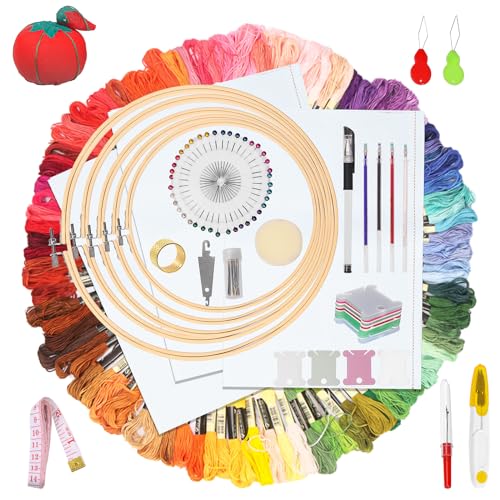 Wokape 212Pcs Embroidery Kit, Cross Stitch Kit Contains 100 Colors Threads, 5Pcs Bamboo Embroidery Hoops, 3Pcs Aida Cloth, 30Pcs Embroidery Needles and 74Pcs More Cross Stitch Tools for Beginner Adult