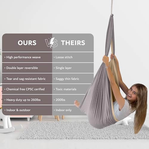 Bradoro Double Layer Reversible Sensory Swing| Outdoor and Indoor Swing For Kids and Adults Up to 260 lbs | Autism Cocoon Swing | Kids Sensory Swing - Image 5