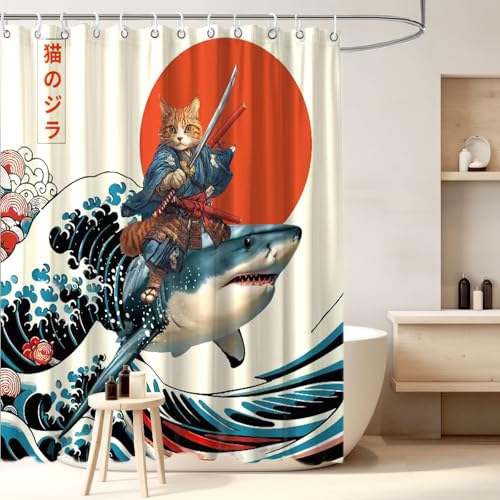 Image of Funny Japanese Cat Shower Curtain, Cat Riding Shark Japan Anime Ocean Wave Waterproof Shower Curtain with Hooks, Funky Animal Sun Fabric Shower Curtains Kids Bathroom Decor 72X72inches