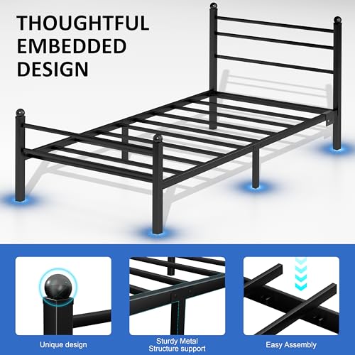 Image of J.Fkne Twin Bed Frame with LED Lights & Charging Station, Metal Platform Bed with Headboard, Heavy Duty Metal Slats, No Box Spring Needed, Noise Free, Easy Assembly, Black