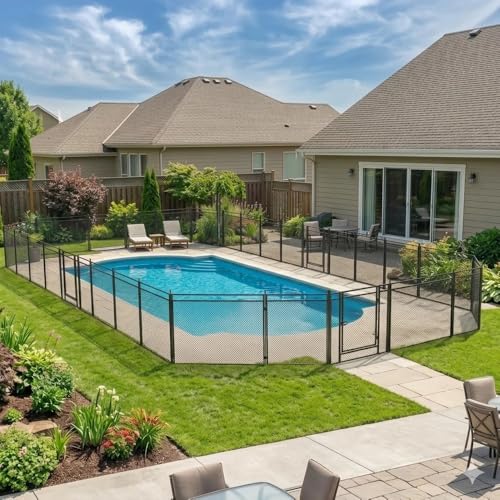 Portable Iron Pool Fence 110ft (L) × 40in (H), Sturdy Metal Pool Fences for Inground Pools with Safety Pool Gate, Removable Iron Mesh Pool Fence Protection Barrier Enclosure for Kids and Pets, Black & Silver