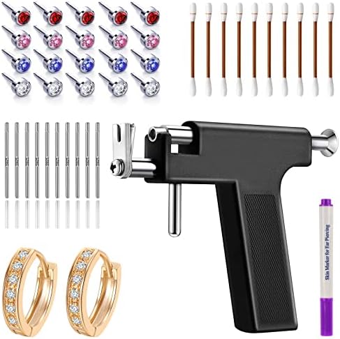 Ear Piercing Gun Kit, Professional Body Earrings Piercing Kit with A Pair of 18K Real Gold Plated Earrings, 20 Stainless Steel Stud Earrings, 10 Sterling Silver Ear Sticks,10 Iodophor Cotton Swabs
