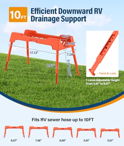 Image of RV Sewer Hose Support, 10FT Heavy-Duty Camper Waste Hose Holder with 5 Foldable Sections, Adjustable & Stable Waste Drainage Support with Strap, Stackable & Weather-Resistant, Orange (Patent Pending)
