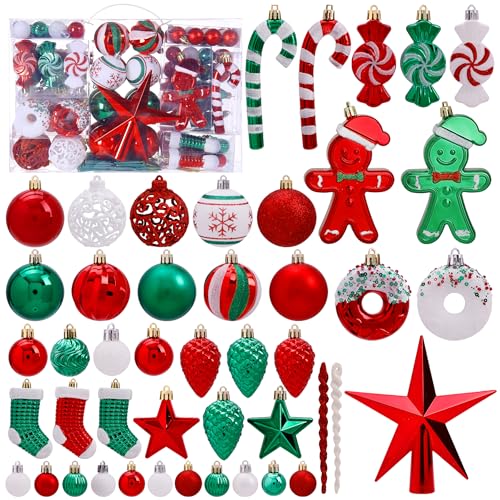 125 Pcs Christmas Tree Ornaments Set, Red Green White Shatterproof Christmas Decorations with Star Toppers Assorted Decorative Hanging Balls for Xmas Tree Home Holiday Party