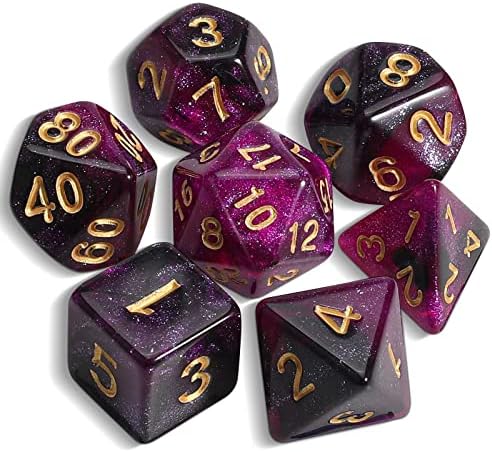 QMAY Polyedrisches Würfel Set - 7 Stück DND Dice (Lila+Schwarzes+Glitter) | Spielwürfel mit Beutel für Dungeon und Dragons MTG RPG D&D, D20, D12, D10, D%, D8, D6, D4