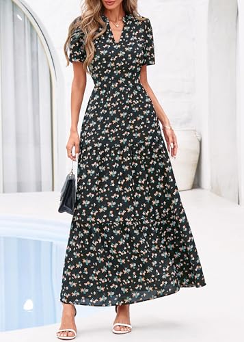 Image of KIRUNDO Womens Floral Boho Flowy Maxi Dress | Short Sleeve, V Neck, Empire Waist, A Line, 2026 Summer Beach Vacation Long Dresses With Pockets, Cocktail Party Outfits