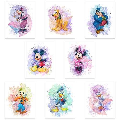 Mickey Mouse Watercolor Prints - Unframed Set Of 8 (8 Inches X 10 Inches) Mickey Mouse Wall Art Decor - Minnie Mouse Room Decor - Donald Ducks Daisy Duck Goofy Pluto Decor Poster by HerZii - Used condition - US$10.00