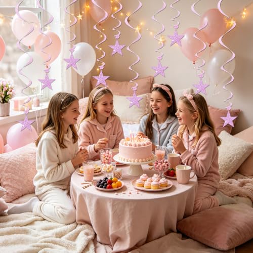 Image of BEISHID Pink Glitter Stars Hanging Swirls Pre-Strung Stars Hanging Decorations for Baby Shower Wedding Girl Women Birthday Party Decorations Supplies,Pack of 15