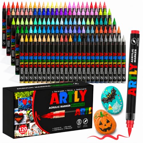 Efimeso 120 Couleurs de Feutre Acrylique Set de Marqueurs, Feutres Coloriage Adulte,Acrylic Marker à base d'eau pour Roche, Tissu,Céramique, Bois, Toile