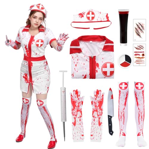 Blutige Krankenschwester Kostüm Damen Krankenschwester Kleid mit Hut Cosplay Kostüm für Halloween Verkleidung (Weiß, XL)