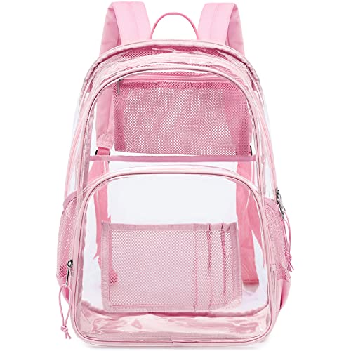 MIRLEWAIY Clear Backpack See Through Book Bag Heavy Duty School Backpack with Laptop Compartment for Stadium Job Security, Pink2