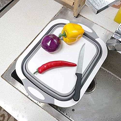 YZWDTGS Collapsible Cutting Board with Colander, Foldable Multi-function Kitchen Plastic Silicone Dish Tub, Fruits Vegetables Wash and Drain Sink Storage Basket (Grey)