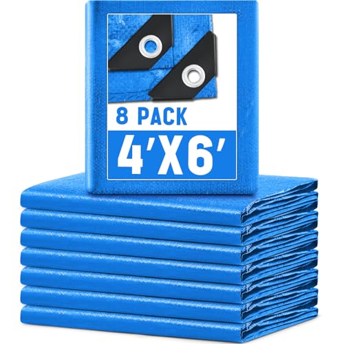 Image of 8 Pack 4 x 6 ft 5.5 Mil Small Tarps Heavy Duty Waterproof Tarp Multi Purpose Tent Cover for Home Boats Cars Camping Patio Furniture Roof Emergency Rain Protective Cover, Blue