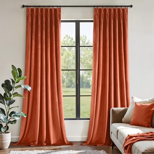 Image of MIULEE Terracotta Velvet Curtains 96 inches Long, Pinch Pleated Blackout Fall Drapes with Hooks, Thermal Insulated Pinch Pleat Panels for Bedroom Living Room, 2 Panels