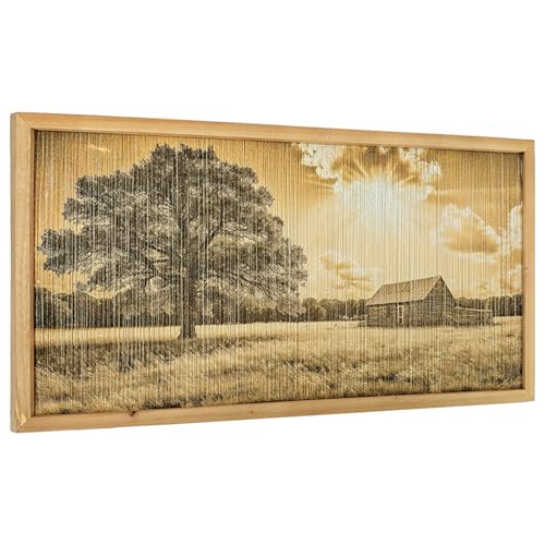 Rustic Farmhouse Macrame Wall Art with Solid Wood Frame String Tassel Macrame Crafts Farmhouse Style 23.6 x 11.8 In for Living Room Bedroom (Barn A)