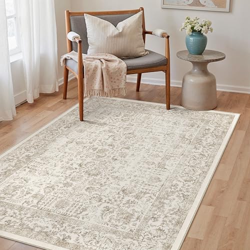Light Brown Area Rug 3x5 Office Entryway Rug Machine Washable Kitchen Vintage Distressed Non Slip Carpet Indoor Retro Floral Accent Throw Door Mat for Bathroom Bedroom Dining Living Room