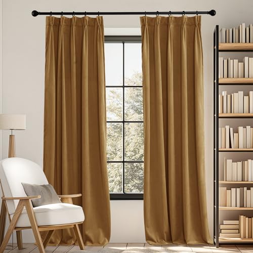 RYB Home Pinch Pleated Velvet Curtains for Living Room, Blackout Thermal Insulated Noise Reducing Vintage Curtains for Dining Room Bedroom, Gold Brown, W34 x L84 inches, 2 Panels - image 2