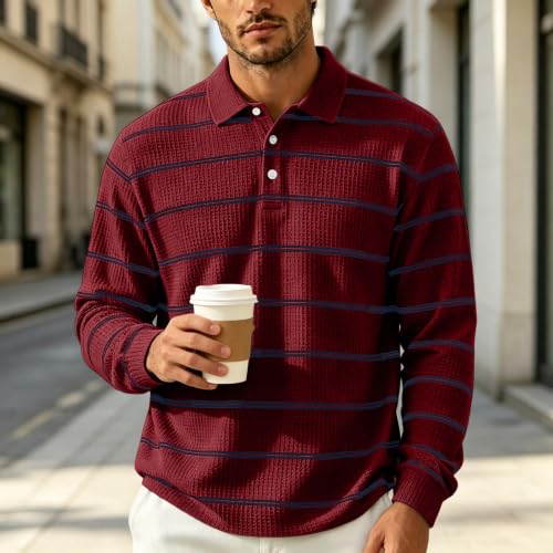Mens Rugby Shirts Long Sleeve Collared Henley Button Mens Waffle Knit Shirt | Waffle Knit, Striped, Smart‑Casual, Oversized, Thermal Warm, Skin‑Friendly, Drop Shoulder, Fall Winter, Relaxed Fit - image 2