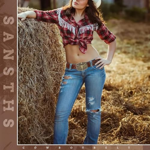 Image of SANSTHS Western Cowboy Belts for Men Women, Mens Western Belt Bull Buckle Country Belt Cowboy Leather Belt for Jeans