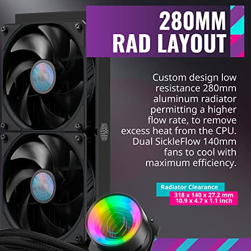 Image of Cooler Master MasterLiquid ML280 Mirror Close-Loop AIO CPU Liquid Cooler, ARGB Mirror Pump, Dual Chamber Pump, SickleFlow 140 PWM Fans, AMD Ryzen AM5 /AM4, Intel LGA1700* /1200 (MLX-D28M-A14PK-R1)