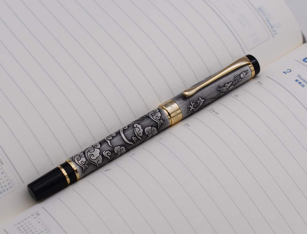 Jinhao 5000 Stylo plume Dragon gris, pointe moyenne, stylos de calligraphie avec convertisseur de recharge d'encre, stylos exécutifs pour signature d'entreprise et collection